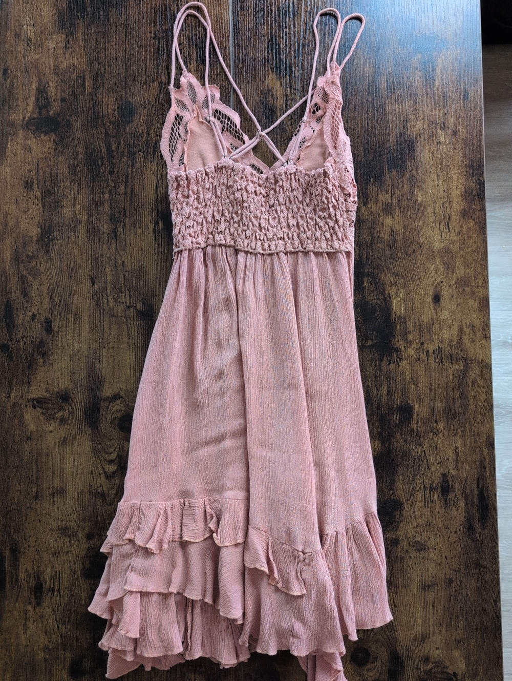 Boho Lace Ruffle Mini Dress | Pink Flowy Festival Dress | Women’s XS - Picture 2 of 2